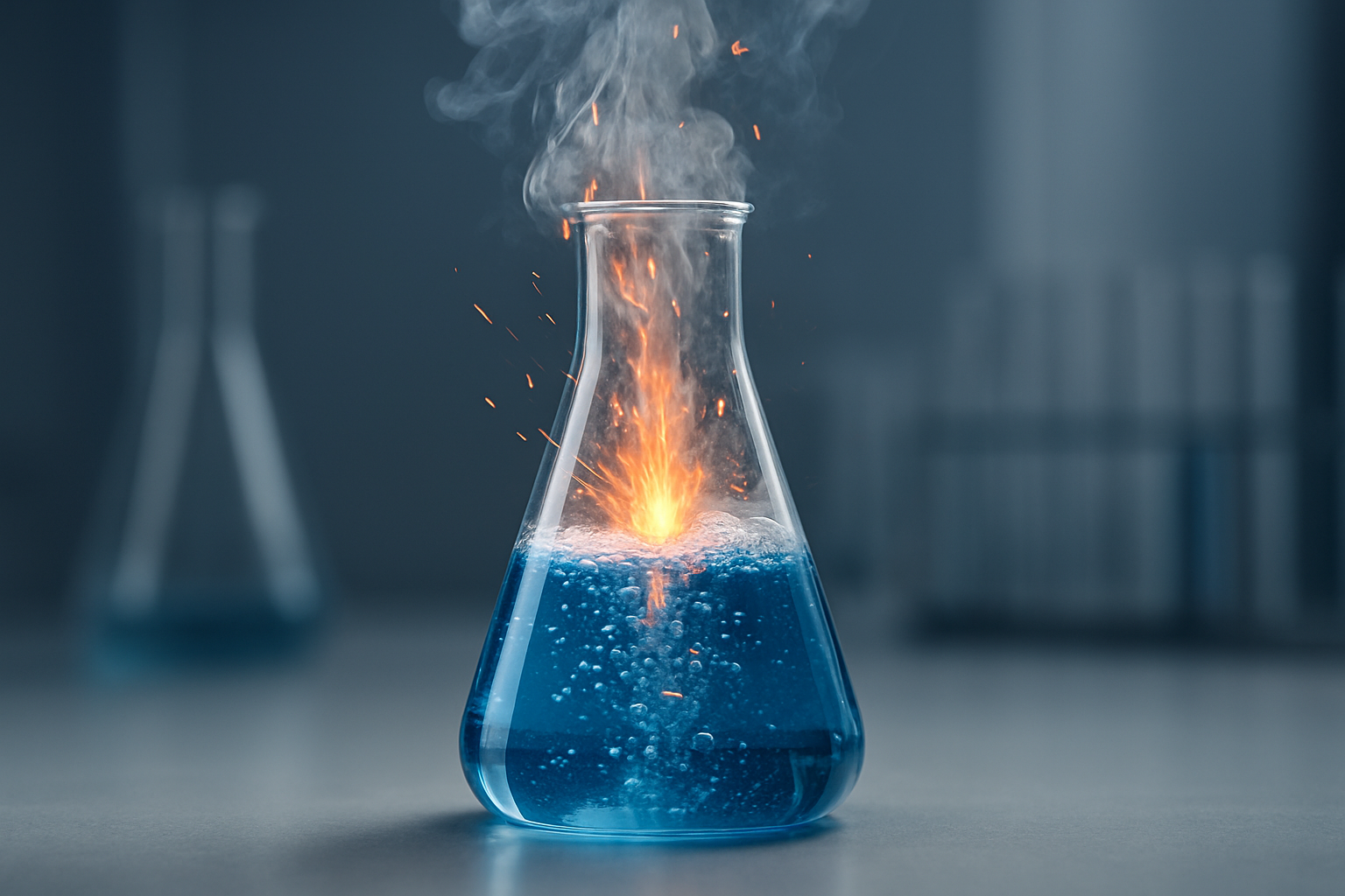 laboratory flask with bubbling blue liquid and sparks
