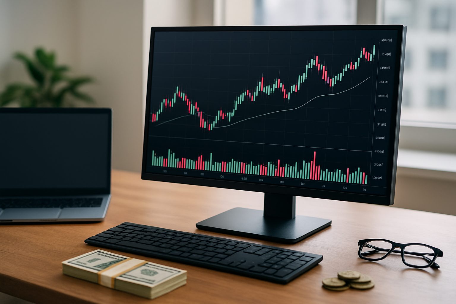 A computer monitor displaying a financial trading chart with green and red candlesticks, surrounded by a laptop, a keybo