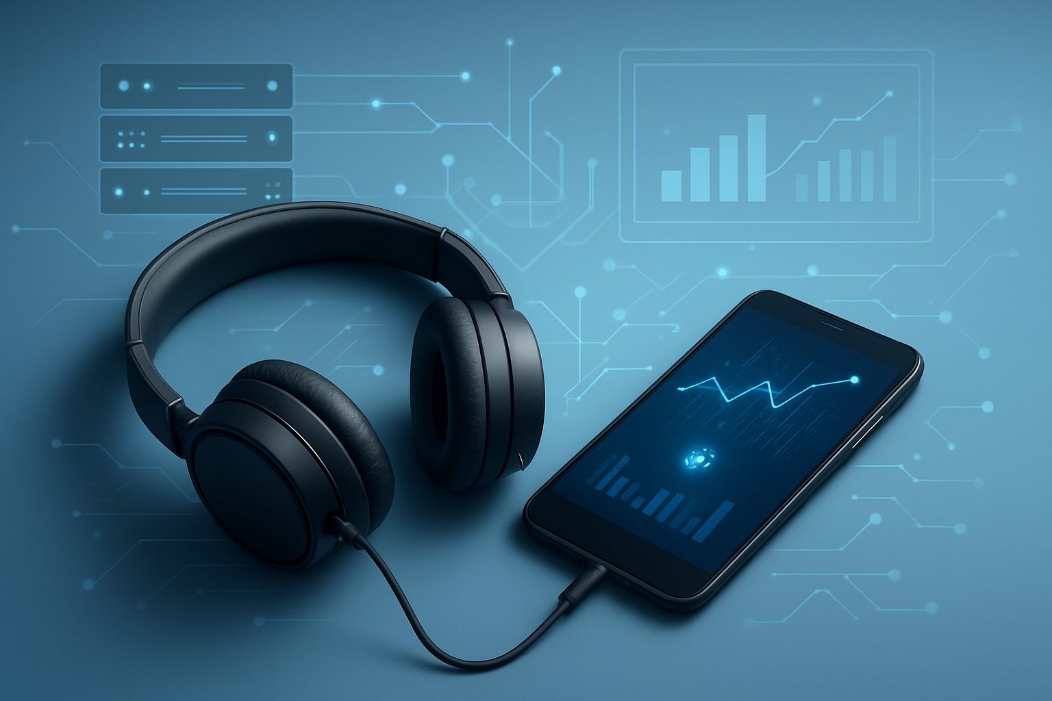 A pair of black headphones next to a smartphone displaying a digital interface with graphs and data.