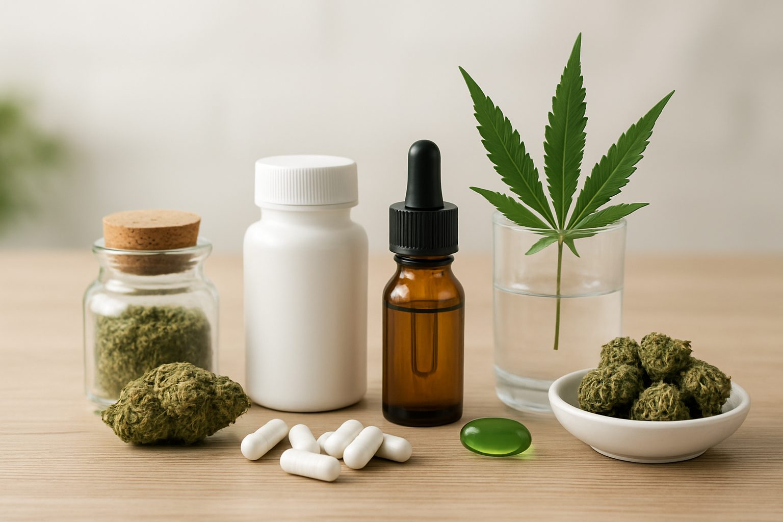 various cannabis products including sativa strains, oils, capsules, and dried flowers