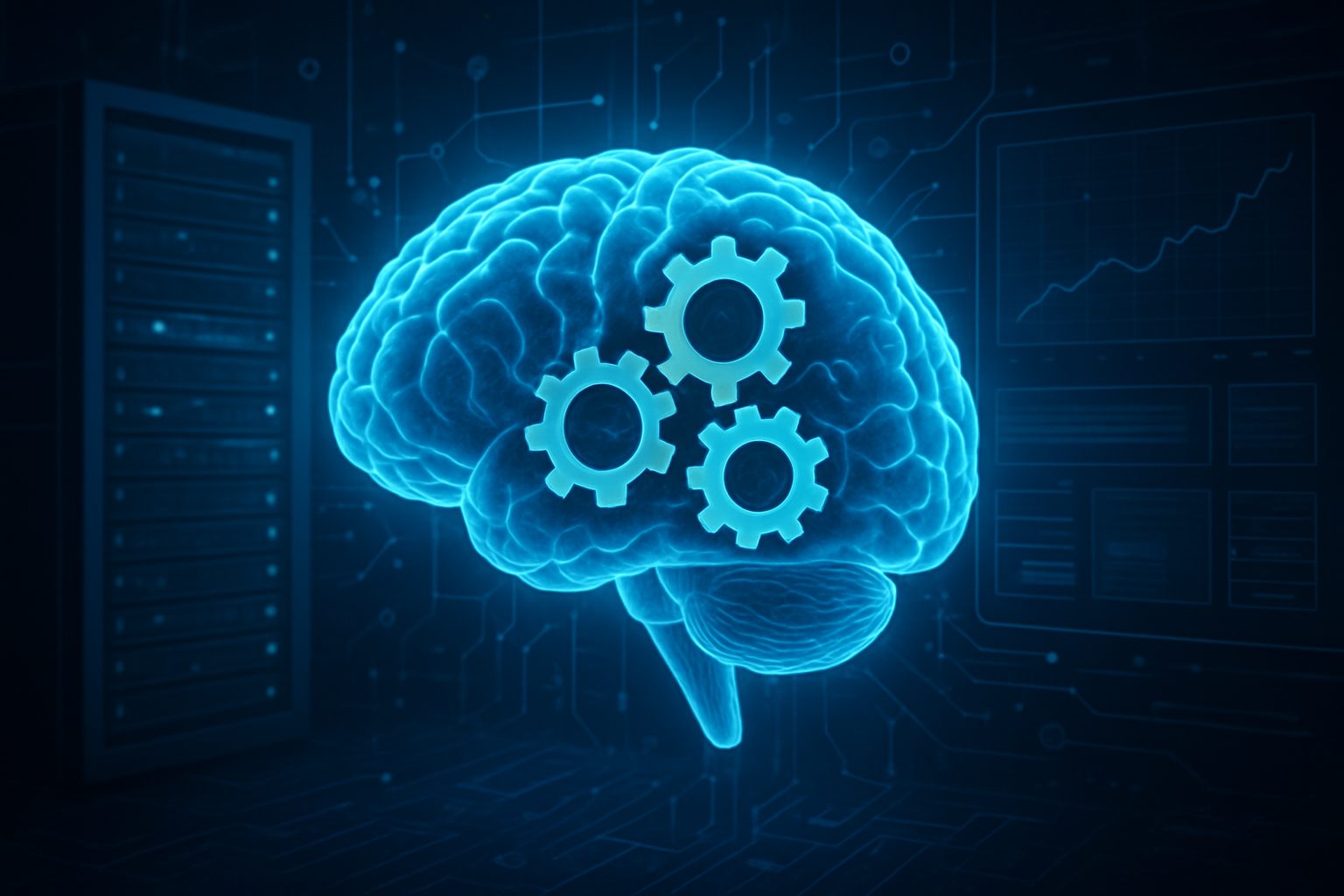 A glowing blue brain with gears in a digital background suggesting an entrepreneurial mindset.